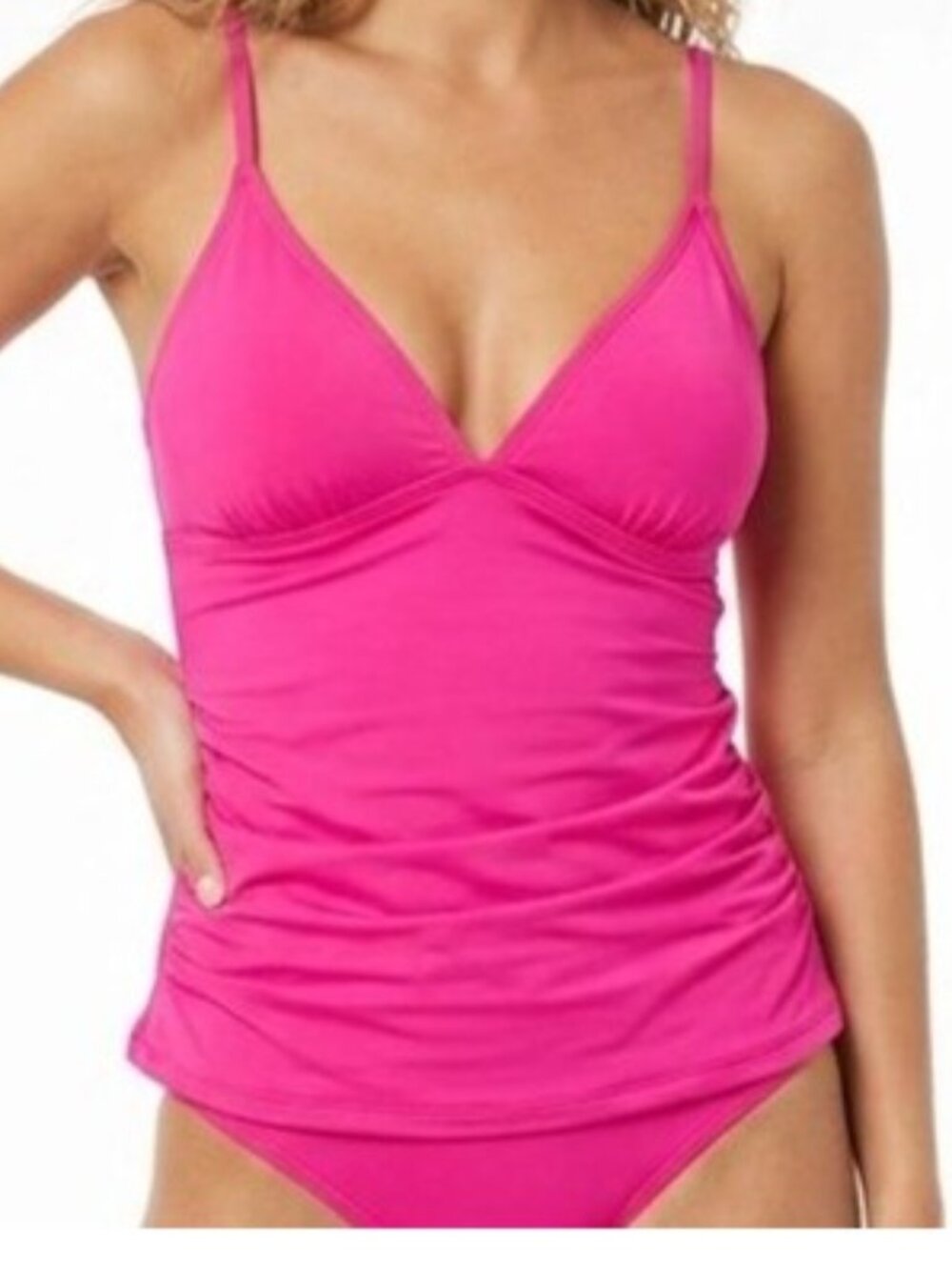 NWT CeCe Hot Pink Ruched Tankini Top V-Neck Size S